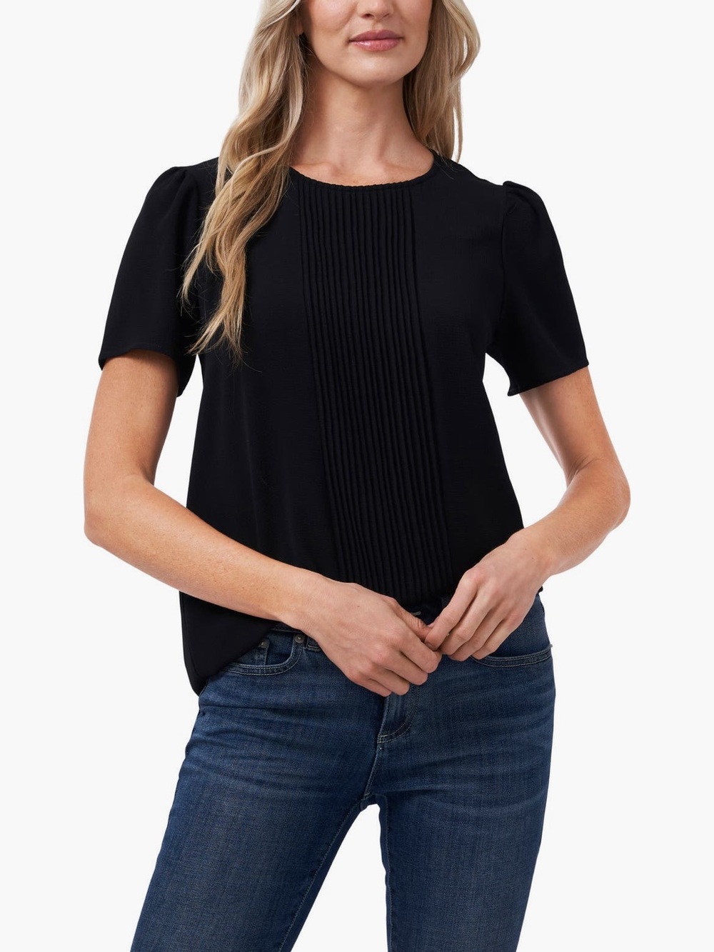 CeCe Black Pleated Front Short Sleeve Top